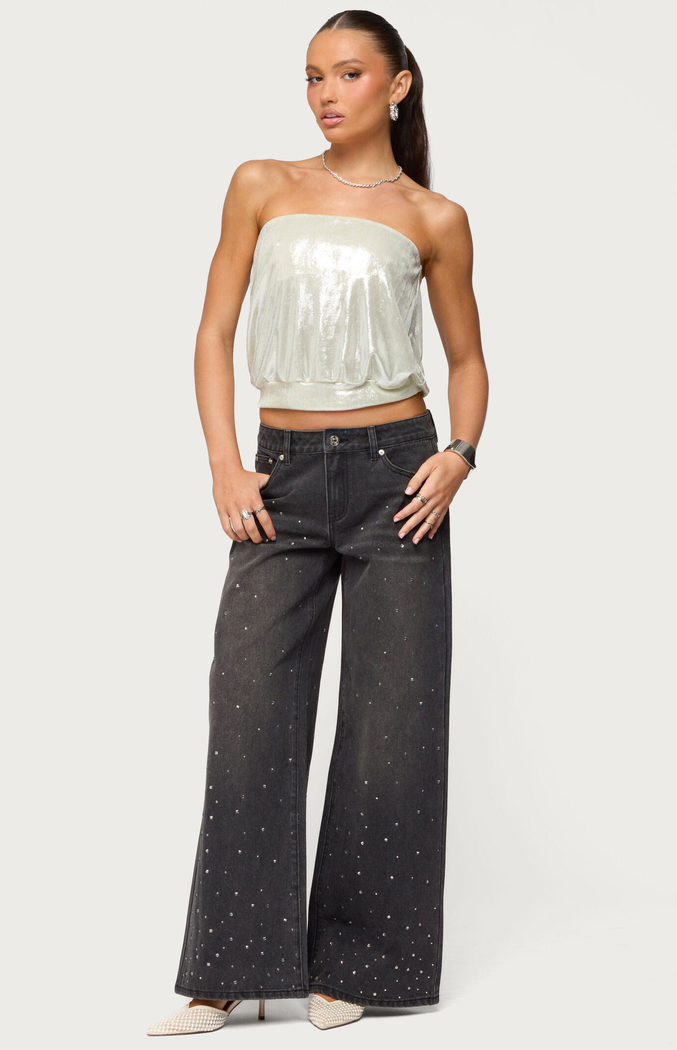 Edikted Rhinestone Low Rise Washed Jeans