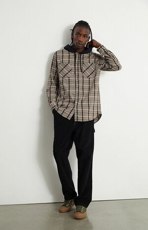 Black & Brown Hooded Plaid Shirt image number 4