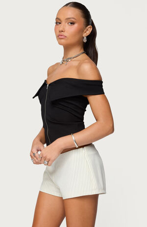 Collared Off Shoulder Zip Up Top image number 2