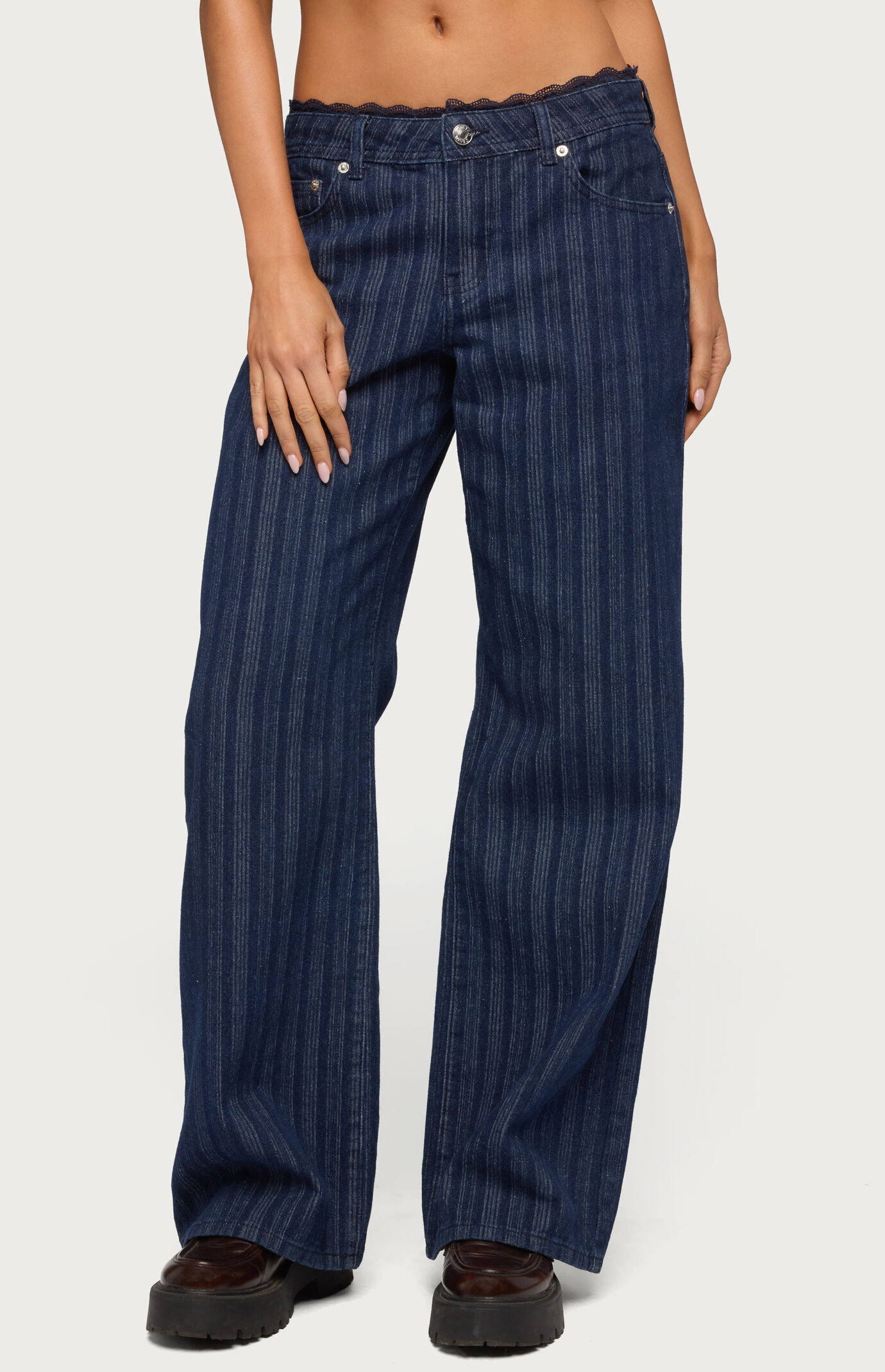 Edikted Lace Trim Striped Low Rise Baggy Jeans