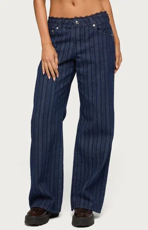 Lace Trim Striped Low Rise Baggy Jeans image number 1