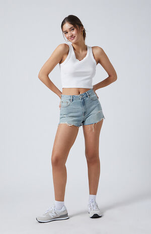 Light Indigo Ripped High Waisted Denim Festival Shorts image number 4