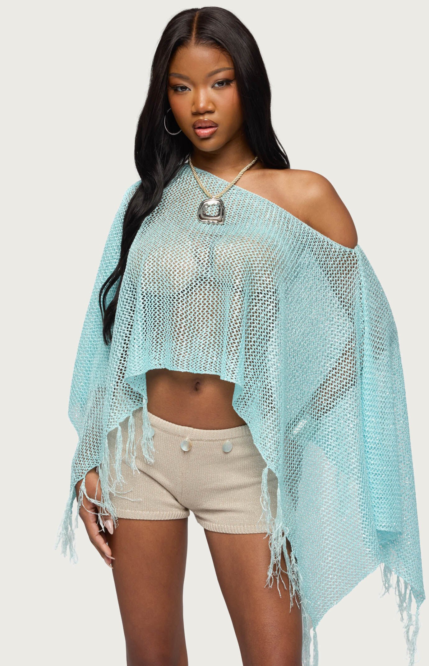 Edikted Sequin Fringe Knit Poncho