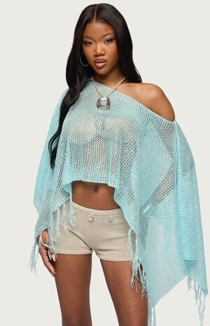 Sequin Fringe Knit Poncho image number 1