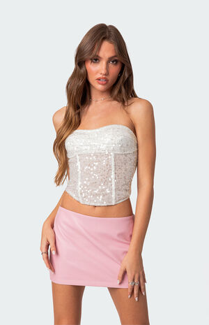 Semi Sheer Sequin Lace Up Corset image number 1