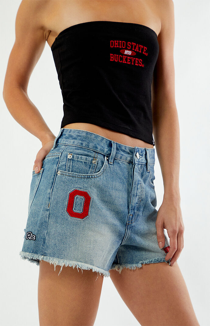 HYPE & VICE Ohio State Buckeyes High Waisted Relaxed Patched Denim Shorts
