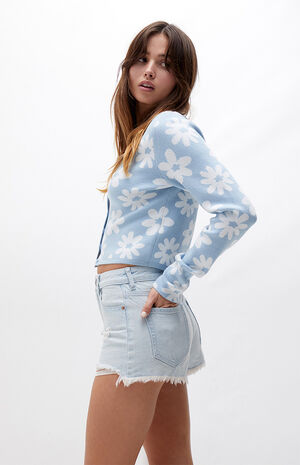 Eco Light Blue Distressed High Waisted Denim Festival Shorts image number 3