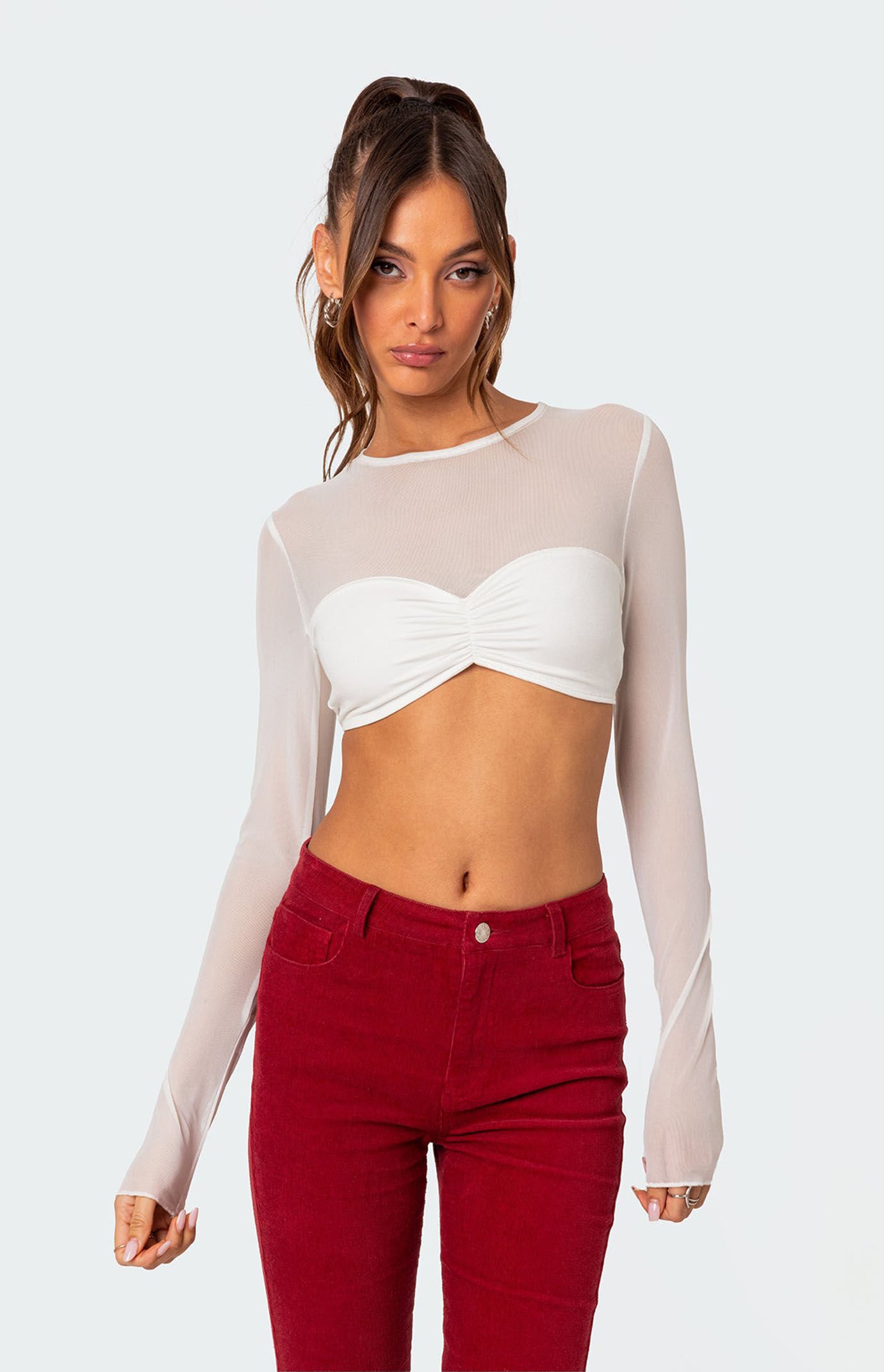 Edikted Night Out Sheer Long Sleeve Crop Top