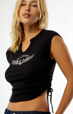 Crystal Notched V-Neck Side Ruched Top image number 2