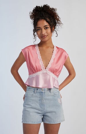 Satin Lace Trim Peplum Top image number 1