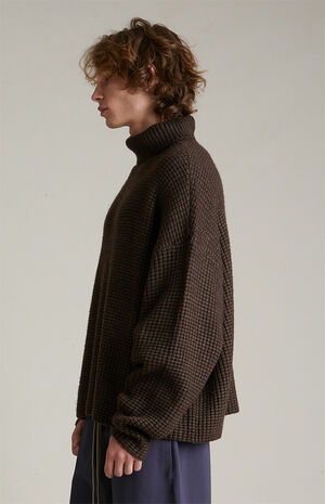 Brown Heavy Waffle Knit Turtleneck Sweater image number 3