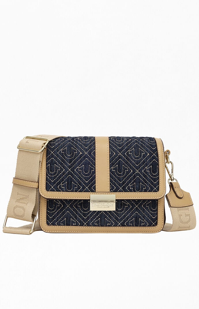 True Religion Logo Lock Modern Flap Denim Crossbody Bag