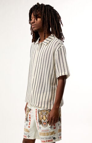 Cream Driftwood Striped Textured Camp Shirt image number 3