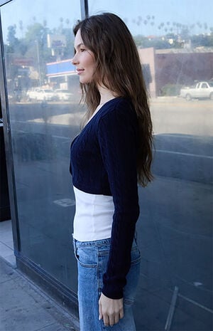 Blue Cable Knit Cropped Cardigan image number 4