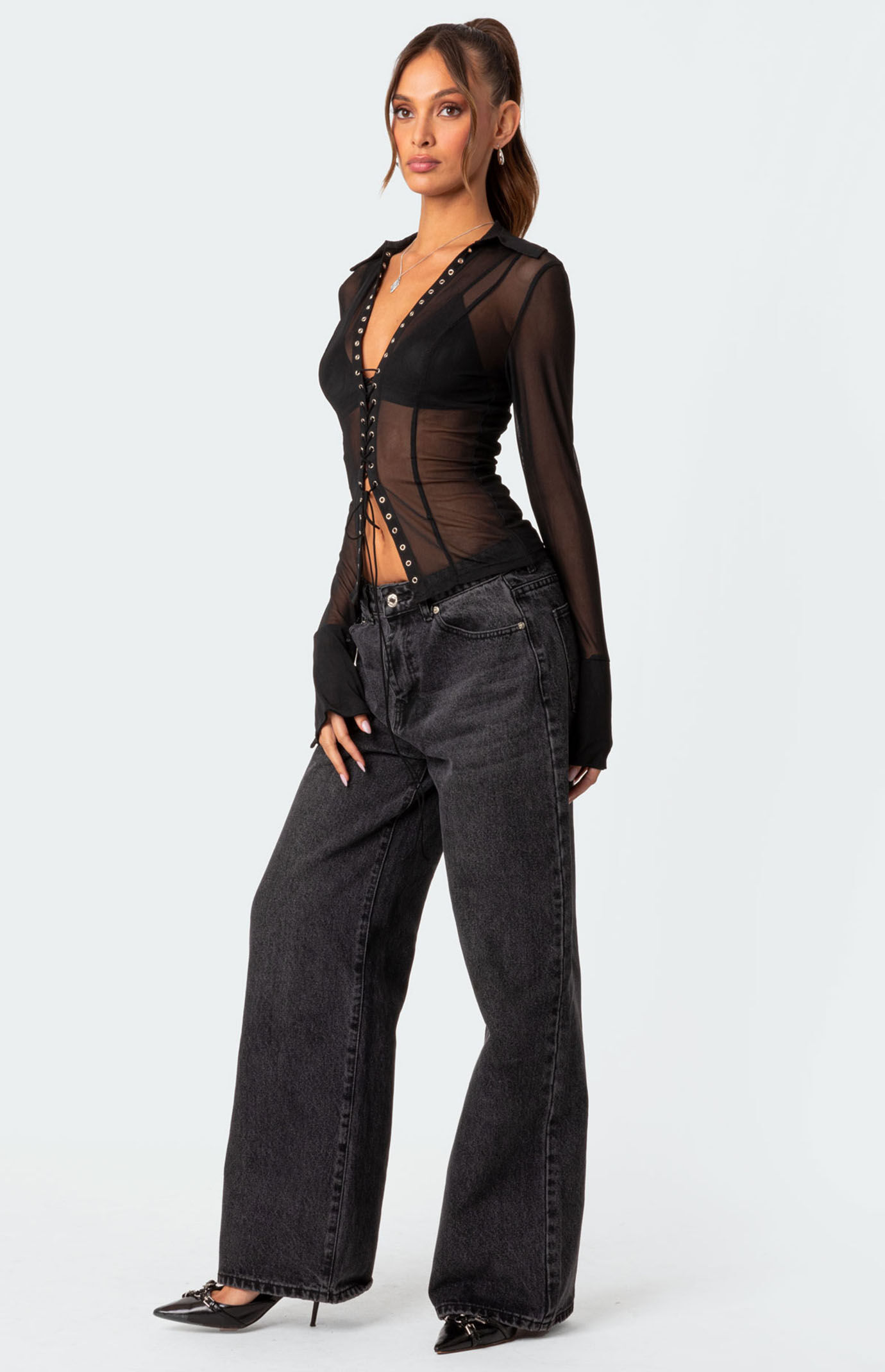 Edikted Lace Up Sheer Mesh Top | PacSun