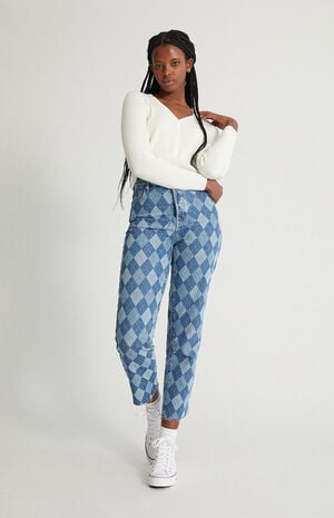 Eco Diamond Print High Waisted Straight Leg Jeans image number 1