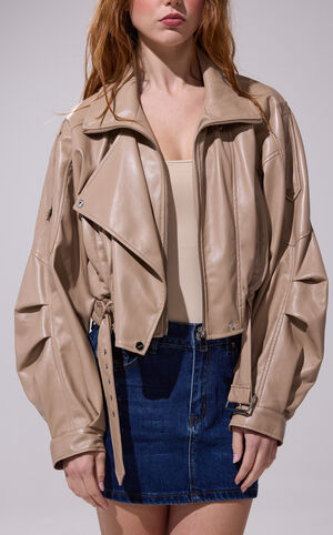 Papoose Faux Leather Beige Cropped Jacket image number 1