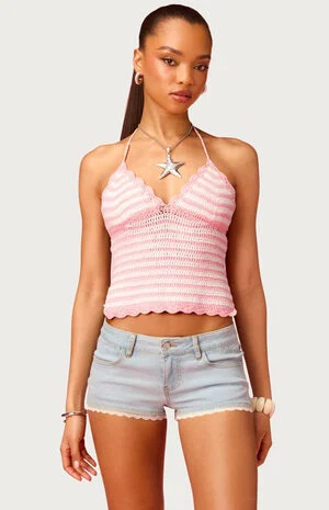 Barbie Backless Striped Crochet Halter Top image number 1