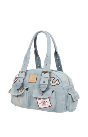 Blue Denim Multi Patch Satchel Bag image number 3