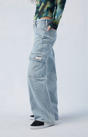 Eco Light Indigo Curved Low Rise Wide Leg Cargo Jeans image number 4