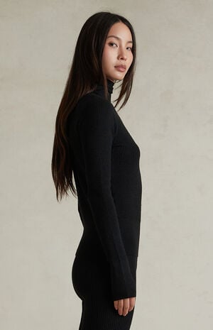 Women's Jet Black Waffle Knit Tight Hooded Sweater image number 3