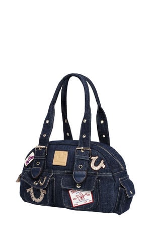 Dark Denim Multi Patch Satchel Bag image number 3