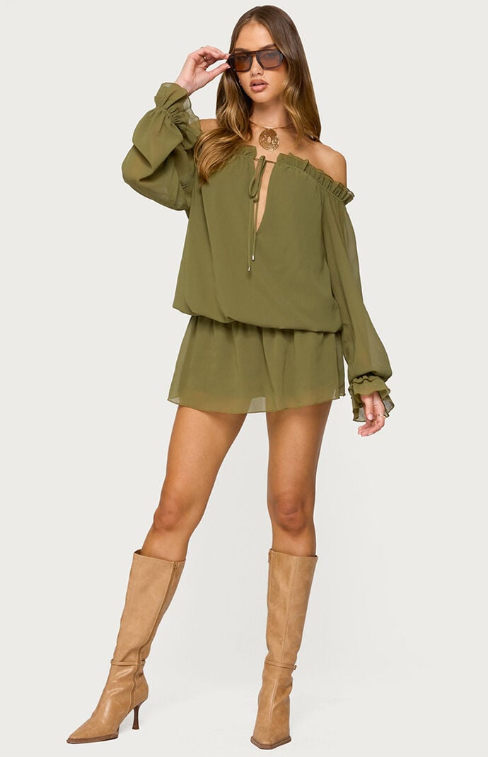 Edikted Delphine Off Shoulder Chiffon Romper | PacSun