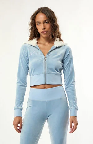 Faux Fur Raglan Cropped Velour Track Jacket image number 1