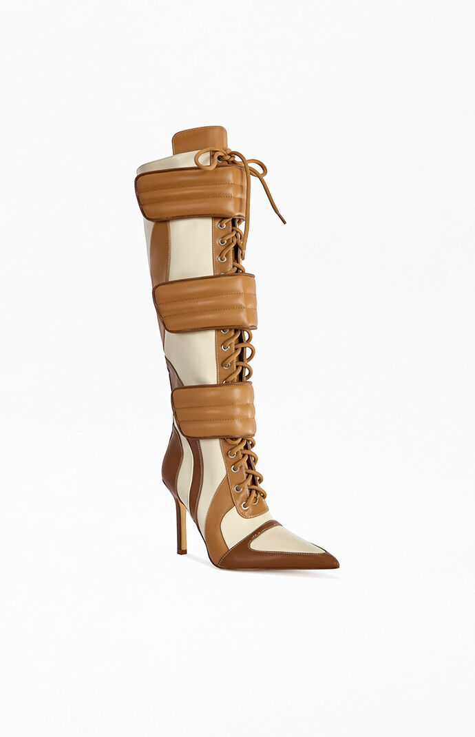 AZALEA WANG Women's Schumacher Tan Sporty Pointed Toe Stiletto Boots