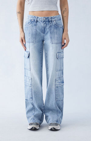 Eco Light Indigo Low Rise Baggy Cargo Jeans image number 3