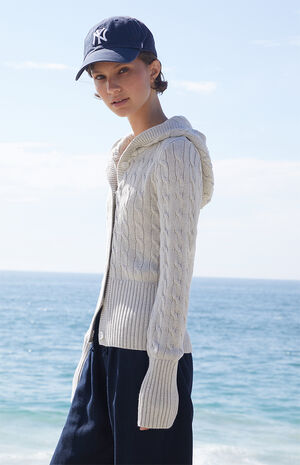 Light Gray Cable Knit Button Down Hooded Sweater image number 3