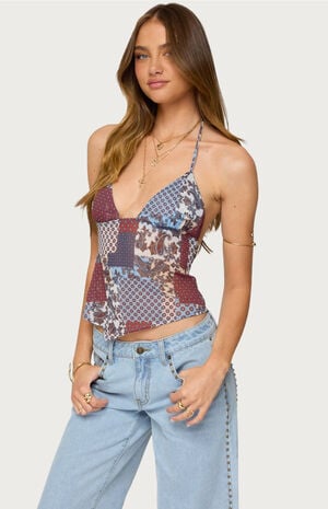 Mixed Patchwork Backless Halter Top image number 2
