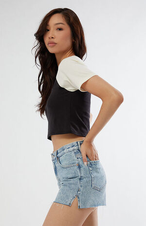 Eco Medium Blue High Waisted Vintage Cutoff Denim Shorts image number 2