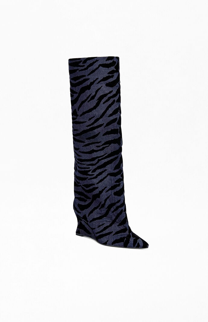 AZALEA WANG Women's Kenya Denim Tiger Wedge Boots