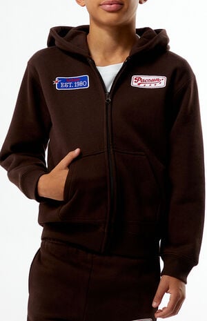 Brown Embroidered Patch Full Zip Up Hoodie image number 4