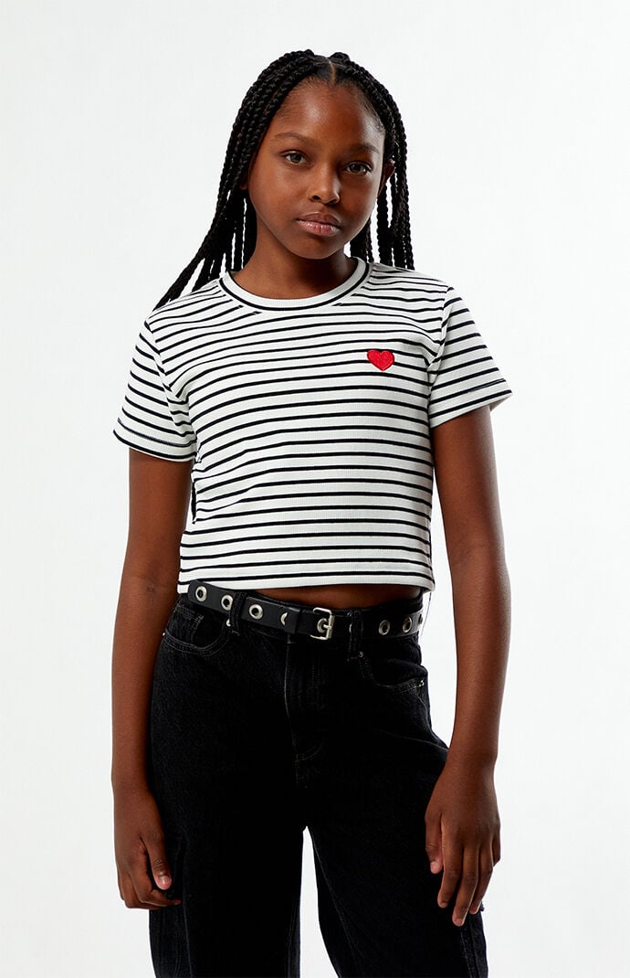 Pacsun Kids Striped Ribbed Embroidered Heart Skimmer T-Shirt