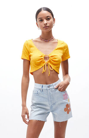 Eco Light Blue Flower Graphic Girlfriend Denim Shorts image number 1