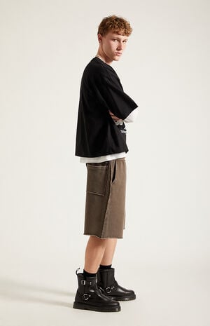 Washed Brown Fleece Raw Baggy Sweat Shorts image number 6