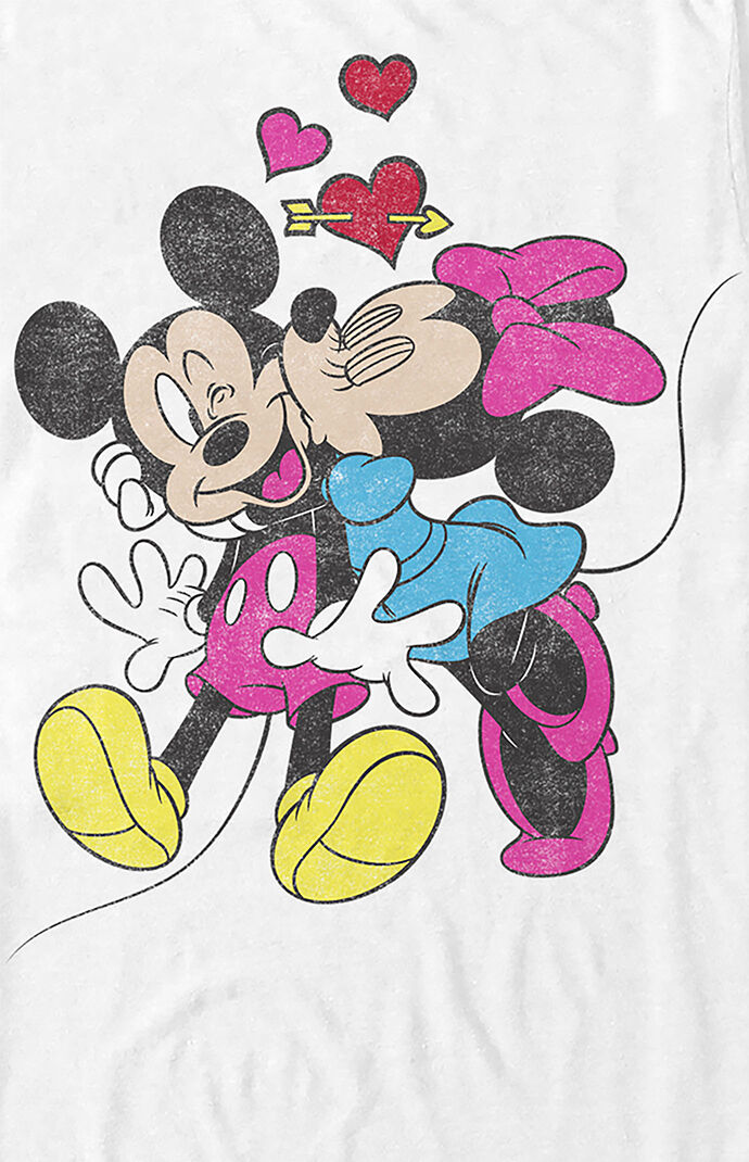 Women's Disney Mickey & Minnie Kiss T-Shirt In White - Size Large