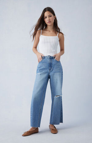 Eco Medium Indigo Ripped Cropped Wide Leg Jeans image number 2
