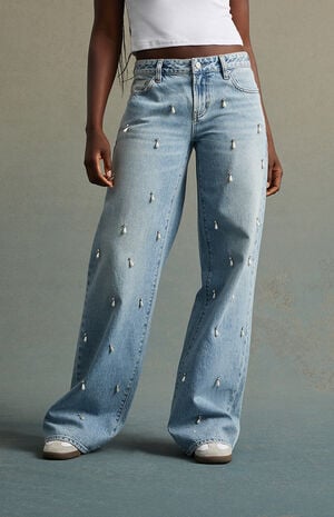 Light Indigo Pearl & Rhinestone Low Rise Baggy Jeans image number 2
