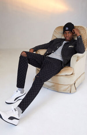 Black Checkerboard Slim Taper Jeans image number 6