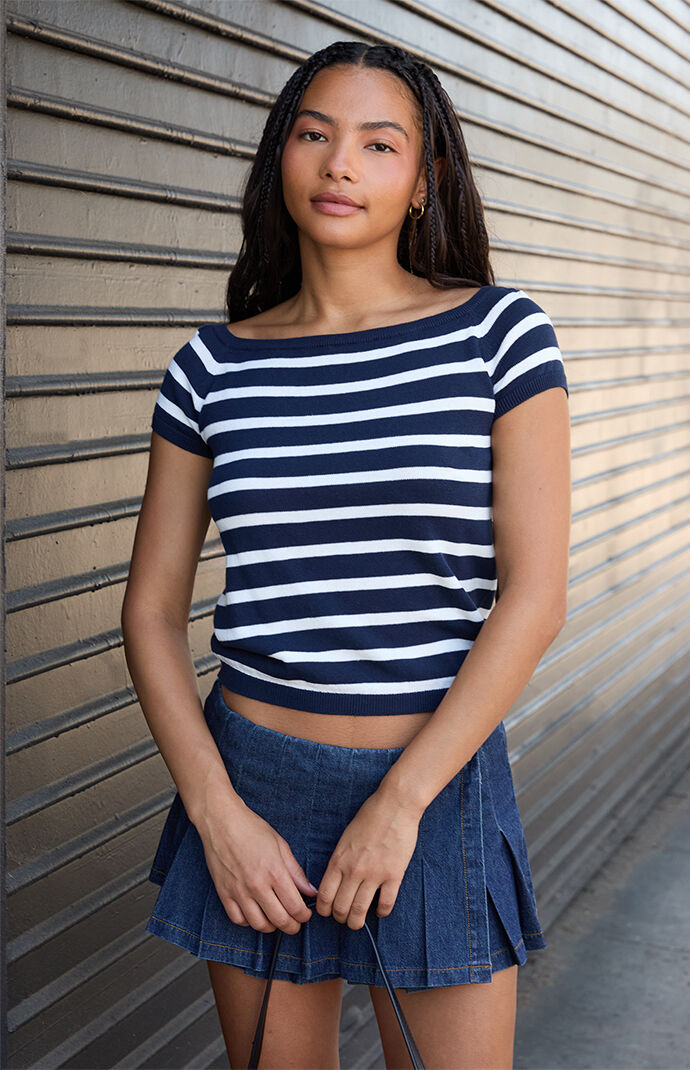 John Galt White & Blue Striped Off-The-Shoulder Knit Top