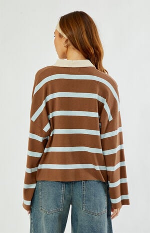 Brown Striped Rugby Polo Knit Sweater image number 4