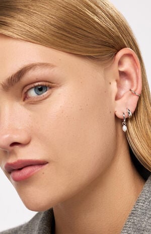 Frida Silver Pearl Huggie Hoop Earrings image number 4