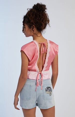 Satin Lace Trim Peplum Top image number 3