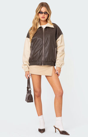 Two Tone Faux Leather Bomber Jacket image number 2