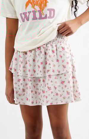 Pink Floral Tiered Scrunch Skirt