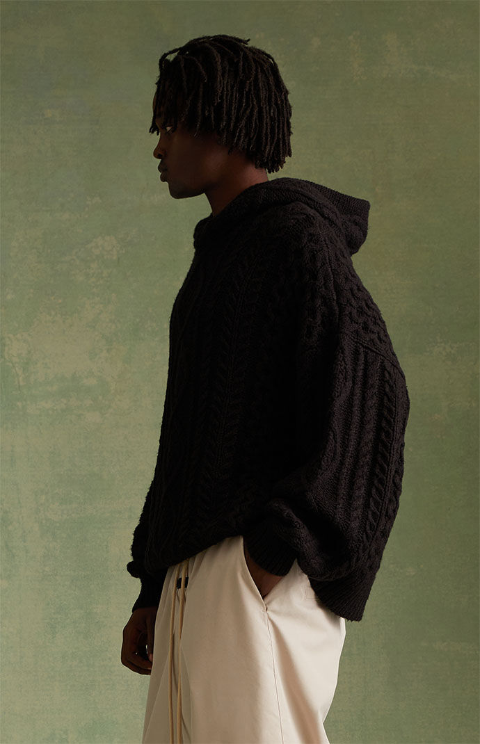 Fear of God Essentials Jet Black Cable Knit Hoodie | PacSun