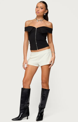 Collared Off Shoulder Zip Up Top image number 4